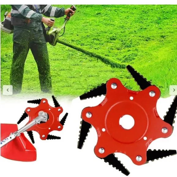 Attachment for brush cutters for trimming and cutting lawn edges or other vegetation. The cutting attachment comprises six mobile knives that can be used for cutting when they rotate at high speed. Product sold online, in particular via www.leroymerlin.pl (unique identifier: 96572077).