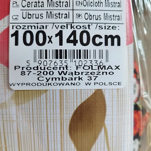 Plastic tablecloth, dimensions: 100 x 140 cm.