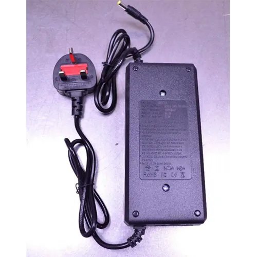 Battery charger with attached wall plug.