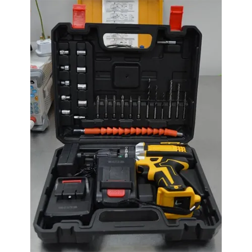 A cordless powered drill with replaceable and rechargeable lithium-ion batteries. Supplied in black plastic carry case. Product identifiers: 50802391-318, 318/545.