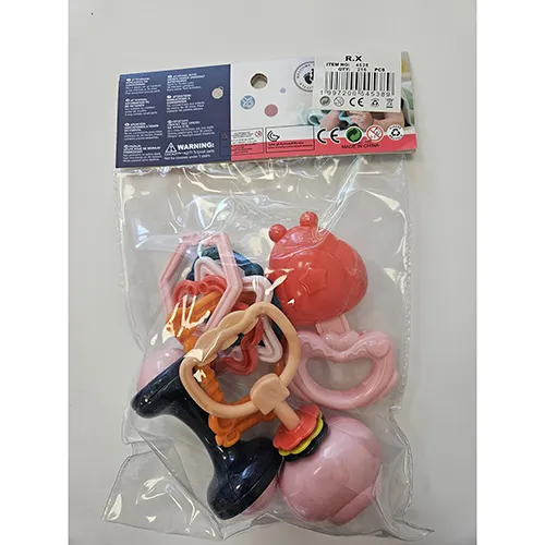 Set of colourful rattle toys for babies. The set includes rattles, teethers and connecting rings in various shapes and colours.