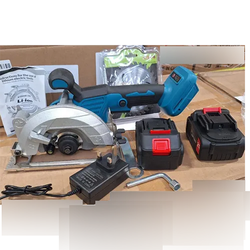 Handheld circular saw with lithium-ion rechargeable battery and AC adaptor.