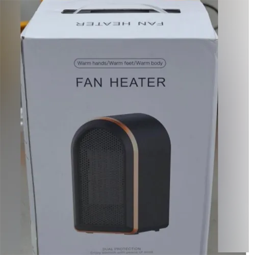 Portable fan heater with attached wall plug. Product sold online, in particular via Amazon.