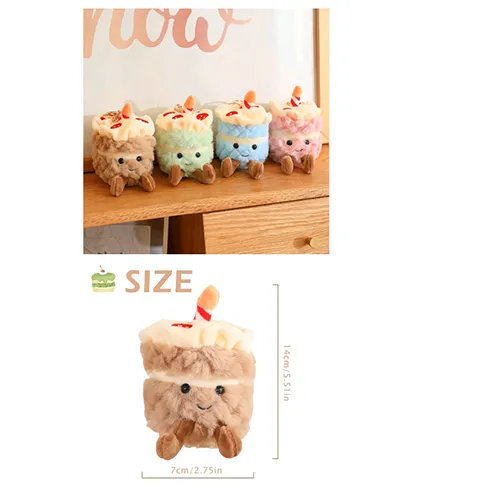 Keyring with a soft toy in the shape of a birthday cake with plastic eyes and a golden metal clasp. Product sold online, in particular via TikTok.