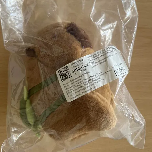 Keyring with a soft toy in the shape of a brown capybara with a green textile backpack. Product sold online, in particular via Amazon (ASIN: B0CP6VKLGP).