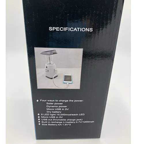 Grey 8 LED camping lantern with FM radio, approximately 25 cm in height. Powered by way of crank, solar panel or AA batteries. Product sold online, in particular via teknikproffset.se.