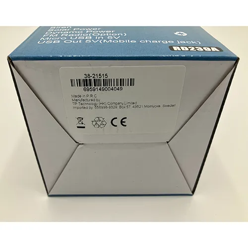 Grey 8 LED camping lantern with FM radio, approximately 25 cm in height. Powered by way of crank, solar panel or AA batteries. Product sold online, in particular via teknikproffset.se.