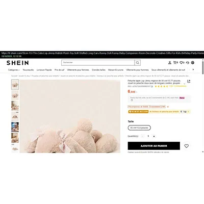 Soft toy in the shape of a rabbit. Product sold online, in particular via Shein (product identifier: sl25070305599960557).