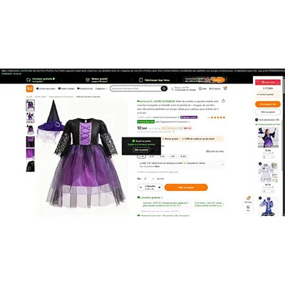 Black and purple witch’s dress with glitter on the bust, with a black witch’s hat decorated with a purple lace ribbon. Product sold online, in particular via TEMU.