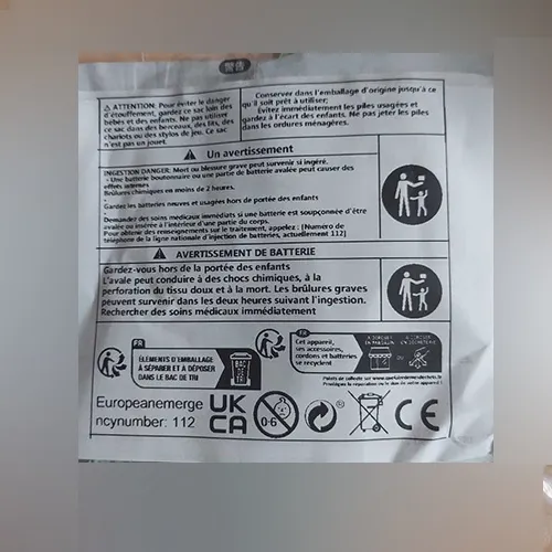 Pack of five lithium button batteries. Product sold online, in particular via Temu.