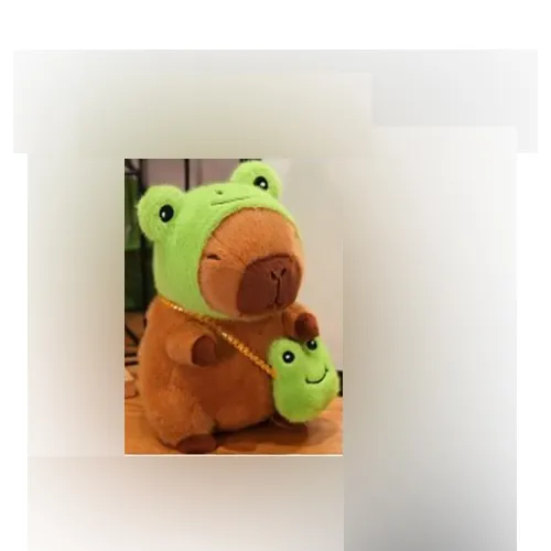 Brown and green plush toy in the shape of a capybara wearing a frog head cover and a detachable frog mask. Product sold online, in particular via Shein (unique identifier: sl25060321981221271).
