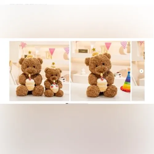 Soft toy, in the shape of a brown teddy bear with a birthday hat holding a cake in its hands. Product sold online, in particular via Shein.