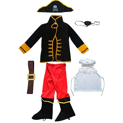 Pirate costume, intended for children, consisting of black, red and yellow trousers, a black and yellow jacket with translucent yellow jewel-shaped false buttons, a white bib with lace, a belt, a hat with a picture of a skull on it, and a black felt eye patch held in place by an elastic band. Product sold online, in particular via Temu (unique identifier: 601102693958226).