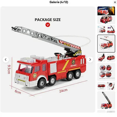 Red, electric toy fire engine with light-up sirens and a plastic pipe for ejecting water. Product sold online, in particular via eBay (unique identifier: 356769469852).