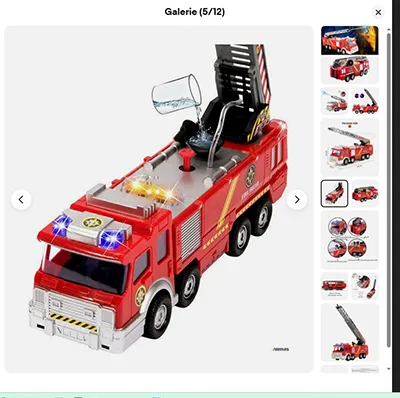 Red, electric toy fire engine with light-up sirens and a plastic pipe for ejecting water. Product sold online, in particular via eBay (unique identifier: 356769469852).