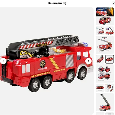Red, electric toy fire engine with light-up sirens and a plastic pipe for ejecting water. Product sold online, in particular via eBay (unique identifier: 356769469852).