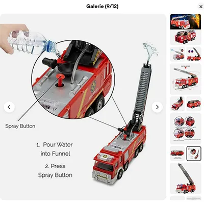 Red, electric toy fire engine with light-up sirens and a plastic pipe for ejecting water. Product sold online, in particular via eBay (unique identifier: 356769469852).