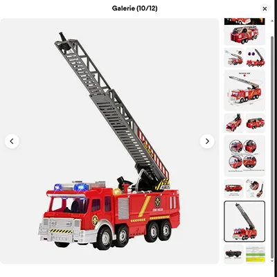 Red, electric toy fire engine with light-up sirens and a plastic pipe for ejecting water. Product sold online, in particular via eBay (unique identifier: 356769469852).
