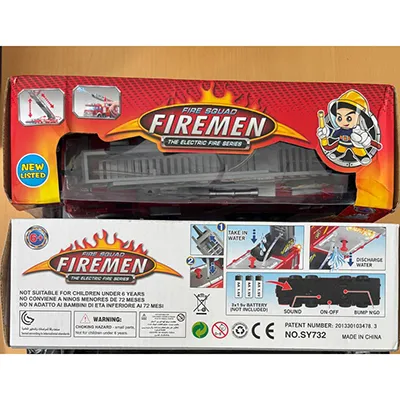 Red, electric toy fire engine with light-up sirens and a plastic pipe for ejecting water. Product sold online, in particular via eBay (unique identifier: 356769469852).