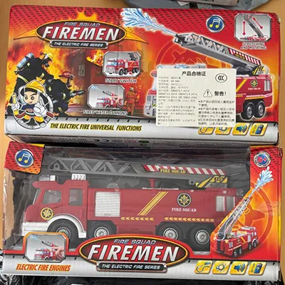 Red, electric toy fire engine with light-up sirens and a plastic pipe for ejecting water. Product sold online, in particular via eBay (unique identifier: 356769469852).