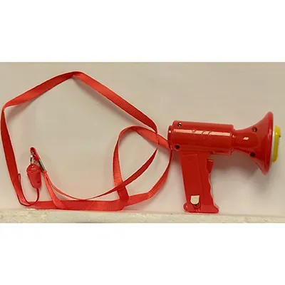 Red toy megaphone. Product sold online, in particular via Temu.