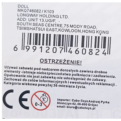 Plastic doll with textile accessories.