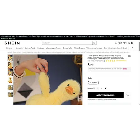 Yellow- and orange-coloured soft toy in the shape of a duckling with black plastic eyes. Product sold online, in particular via Shein.
