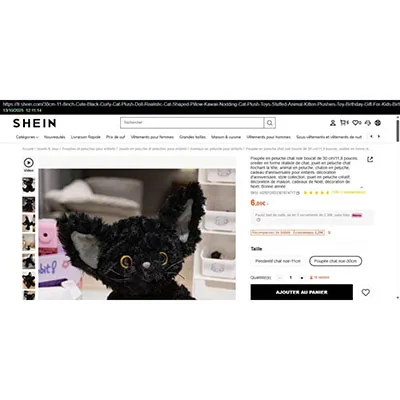 Soft toy in the form of a black cat, 30 cm/11.8 inches. Product sold online, in particular via Shein.