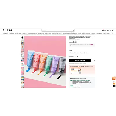 Set of finger paint tubes in five different colours: white, black, red, green and yellow. Product sold online, in particular via SHEIN.