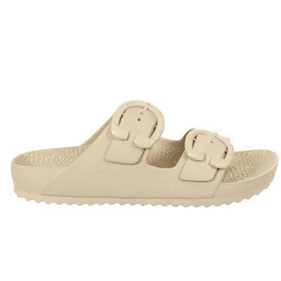 Tan sandals in PVC. The sandal has two straps with buckles.