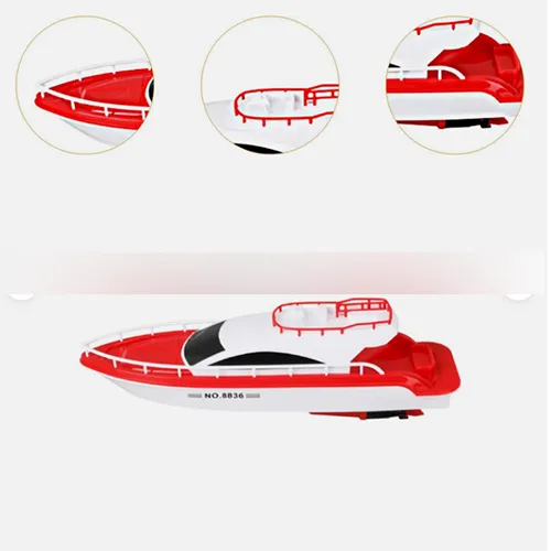 Bath toy in the shape of a red and white plastic boat with two propeller engines requiring one battery each. Product sold online, in particular via eBay (unique identifier: 127095230458).