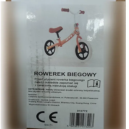A toy balance bike, intended for children weighing a maximum of 25 kg.