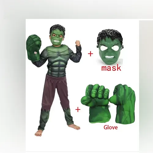 Fancy-dress costume in green representing Hulk, composed of a one-piece suit with padded torso and biceps and a rigid plastic mask with an elastic band. Product sold online, in particular via AliExpress (unique product identifier: 1005008419344706).