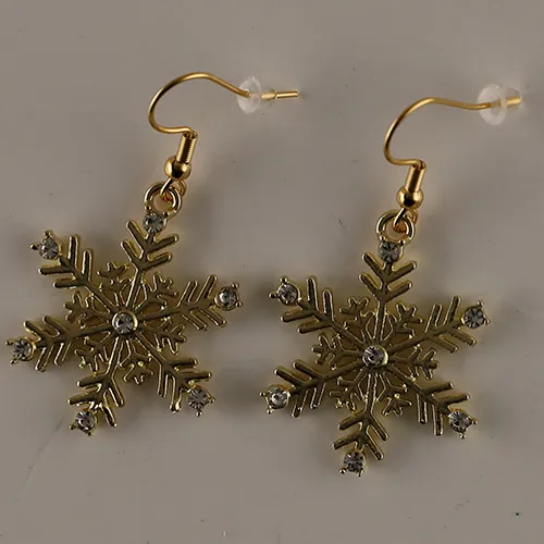 Gold-coloured snowflake earrings with small rhinestones.
