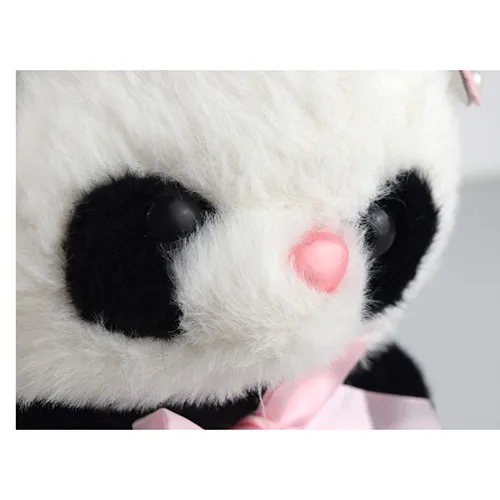 Black and white plush panda toy with a pink ribbon around its neck.
