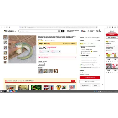 Soft toy in the form of a pink snake. Product sold online, in particular via AliExpress (unique product identifier: 1005009898338843).