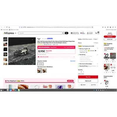 Silver-coloured adjustable metal ring, inlaid with a face pattern. Product sold online, in particular via AliExpress (unique product identifier: 1005007048729657).