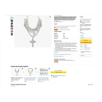 Silver necklace with pearls and crosses. Product sold online, in particular via Amazon.