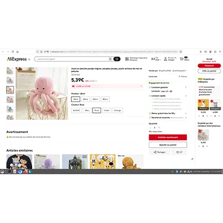 Pink and white soft toy in the shape of an octopus with a suction cup attached to the top of its head by a cord. Product sold online, in particular via AliExpress (unique product identifier: 1005009057125412).