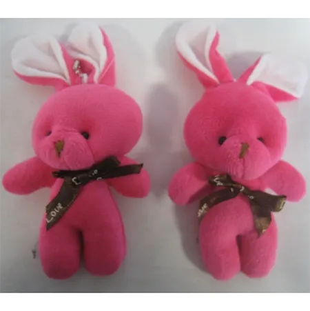 Set of two pink, stuffed soft toys in the shape of rabbits with a brown bow tie, and a metal ball chain attached to a white cloth loop between its ears. Product sold online, in particular via AliExpress (unique product identifier: 1005003409385730).