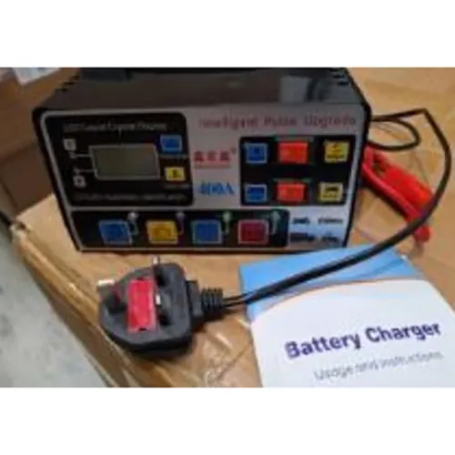 Battery charger for a car battery, with multiple settings, a LED display and an attached wall plug.