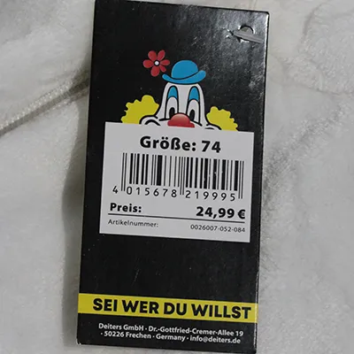 Black and white panda fancy-dress costume, intended for children, 850 mm of length and 380 mm of width. Size 74. Made from 100% polyester. Product sold online, in particular via www.deiters.de.