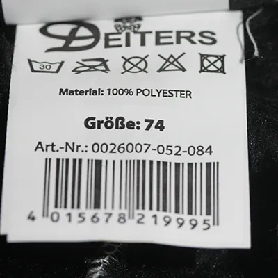 Black and white panda fancy-dress costume, intended for children, 850 mm of length and 380 mm of width. Size 74. Made from 100% polyester. Product sold online, in particular via www.deiters.de.