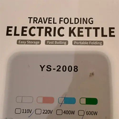 Electric kettle made of white and blue silicone plastic Voltage 110/220 V, frequency 50-60 Hz.