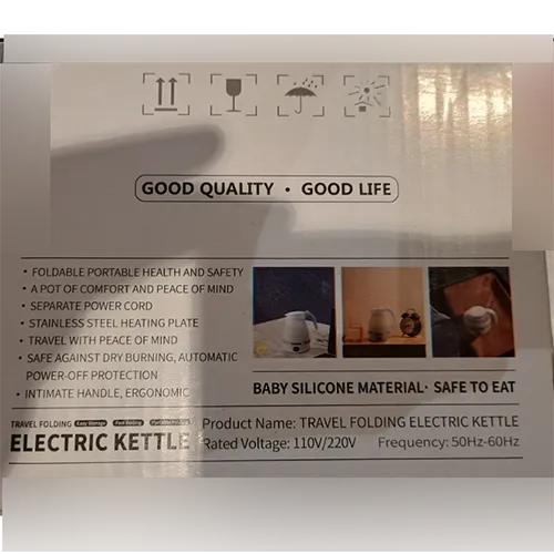 Electric kettle made of white and blue silicone plastic Voltage 110/220 V, frequency 50-60 Hz.