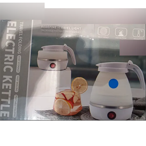 Electric kettle made of white and blue silicone plastic Voltage 110/220 V, frequency 50-60 Hz.