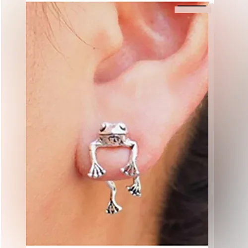 Earrings in a silver colour in the shape of a frog. Product sold online, in particular via Shein.