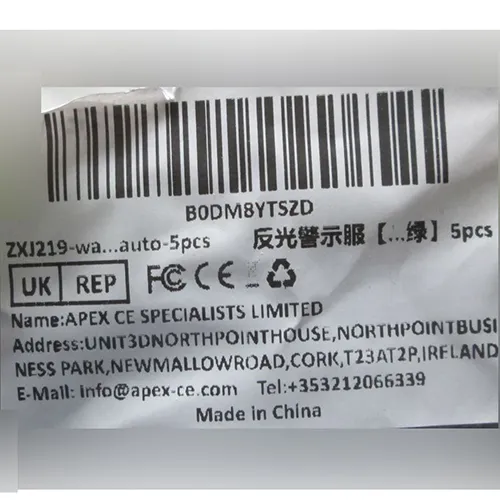 High-visibility safety vests, width x height x depth: 20 cm x 30 cm x 8 cm. Product sold online, in particular via Amazon (ASIN: B0DM8YTSZD).