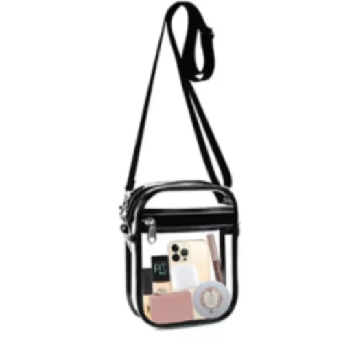 Transparent PVC handbag with a black strap. Product sold online, in particular via www.elkjop.no.