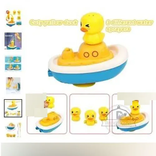 Electric bath toy in the form of a floating boat, made of rigid plastic. The toy comprises one boat base incorporating a battery-powered jet system, three duck figurines which can be positioned on the boat, one ‘shower’ module consisting of a duck connected by a rigid hose to a shower head. A suction cup is supplied unmounted and loose as well as an instruction manual.